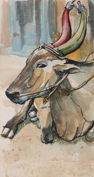 Peinture intitulée "La vache sacrée ou…" par Virginie Chloupek, Œuvre d'art originale, Aquarelle
