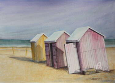 Schilderij getiteld "Cabines de plage Be…" door Virginie Chloupek, Origineel Kunstwerk, Aquarel