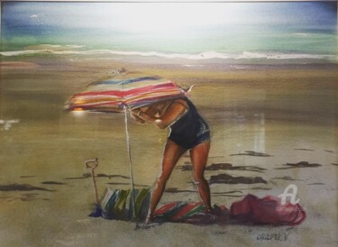 Painting titled "Le Parasol" by Virginie Chloupek, Original Artwork, Watercolor