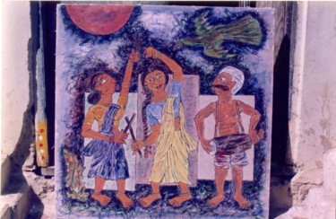 Painting titled "village musicians" by Karoonamoorthy N, Original Artwork