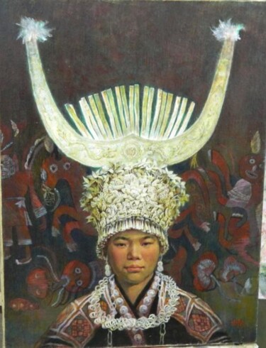 Painting titled "Young Miao Girl, or…" by Chong En Cao, Original Artwork, Oil