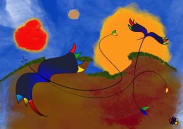 Digitale Kunst getiteld "Vuurvogels" door Chris Van Moorsel, Origineel Kunstwerk, Digitaal Schilderwerk