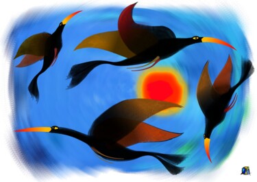 Arts numériques intitulée "Circle of birds" par Chris Van Moorsel, Œuvre d'art originale, Peinture numérique