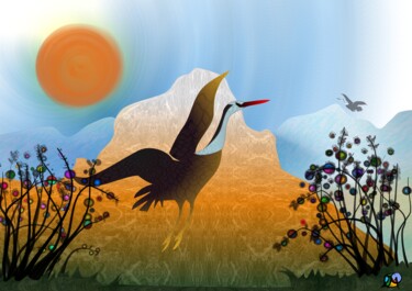 Digitale Kunst getiteld "Vogel in Riet" door Chris Van Moorsel, Origineel Kunstwerk, Digitaal Schilderwerk