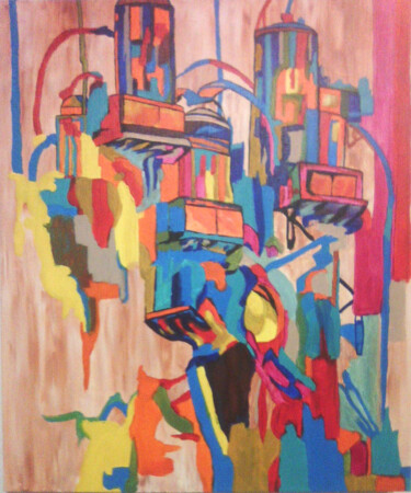 Painting titled "the factory" by Χρηστος Παπαναστασίου, Original Artwork, Acrylic Mounted on Wood Stretcher frame