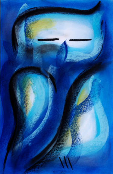 Malerei mit dem Titel "Blaue Eule" von Chris Schäfer, Original-Kunstwerk, Pastell