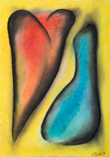 Malerei mit dem Titel "Rotes Herz mit Blau" von Chris Schäfer, Original-Kunstwerk, Pastell