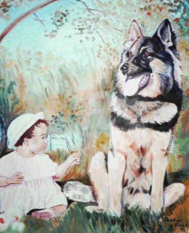 Painting titled "Bébé et chien" by Chris Laure, Original Artwork, Oil