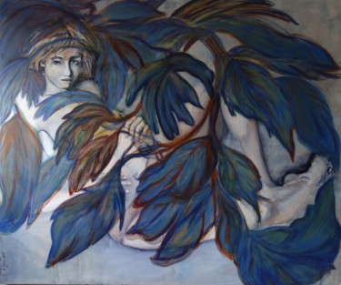 Peinture intitulée "Nue à la feuille" par Chris Le Guen Drianne, Œuvre d'art originale, Huile Monté sur Châssis en bois