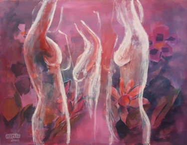 Schilderij getiteld "Octobre Rose" door Chris Le Guen Drianne, Origineel Kunstwerk, Olie Gemonteerd op Frame voor houten bra…