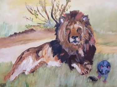Peinture intitulée "Le Lion et le Rat" par Chris Le Guen Drianne, Œuvre d'art originale, Acrylique Monté sur Châssis en bois