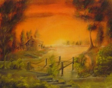 Painting titled "Twilight Cottage" by Chris Quinlan, Original Artwork
