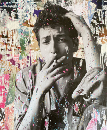 拼贴 标题为“Bob Dylan” 由Chris Rose, 原创艺术品, 拼贴 安装在木质担架架上
