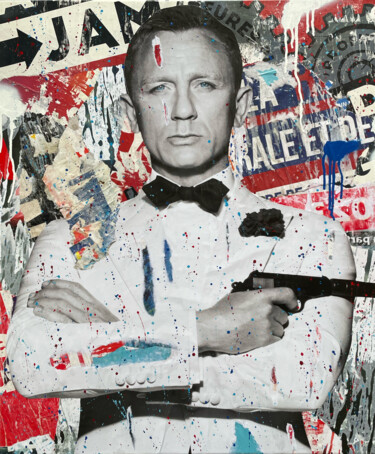 Κολάζ με τίτλο "Agent 007" από Chris Rose, Αυθεντικά έργα τέχνης, Κολάζ Τοποθετήθηκε στο Ξύλινο φορείο σκελετό