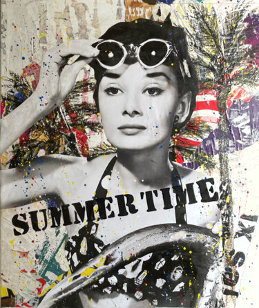 Collages getiteld "Summer time with Au…" door Chris Rose, Origineel Kunstwerk, Collages Gemonteerd op Frame voor houten bran…