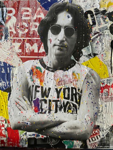 Collagen mit dem Titel "John is in NYC" von Chris Rose, Original-Kunstwerk, Collagen Auf Keilrahmen aus Holz montiert