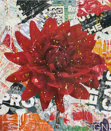Collages intitolato "Dahlia rouge" da Chris Rose, Opera d'arte originale, Collages Montato su Telaio per barella in legno