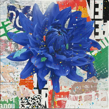 Collages titled "Dahlia bleu n°2" by Chris Rose, Original Artwork, Collages Mounted on Wood Stretcher frame