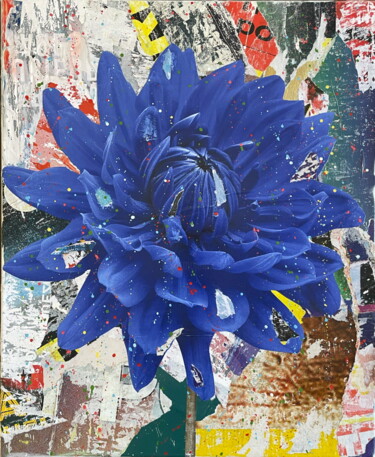 Collages titled "Dahlia bleu n°1" by Chris Rose, Original Artwork, Collages Mounted on Wood Stretcher frame