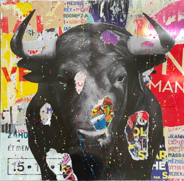 Colagens intitulada "El toro" por Chris Rose, Obras de arte originais, Colagens Montado em Armação em madeira