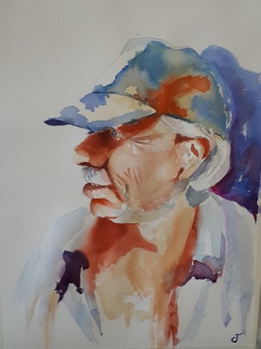 Painting titled "L'homme à la casque…" by Chris Texier, Original Artwork, Watercolor