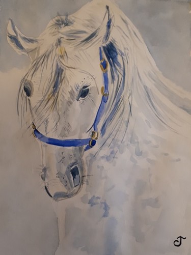 Painting titled "Le cheval pie" by Chris Texier, Original Artwork, Watercolor