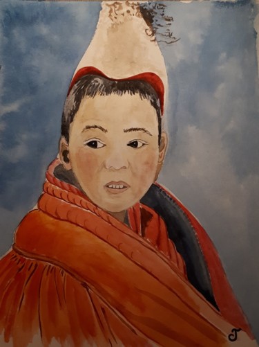 Peinture intitulée "jeune garcon moine" par Chris Texier, Œuvre d'art originale, Aquarelle
