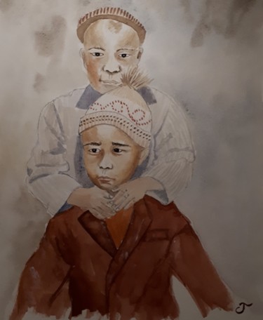 Malerei mit dem Titel "Mon petit frère" von Chris Texier, Original-Kunstwerk, Aquarell