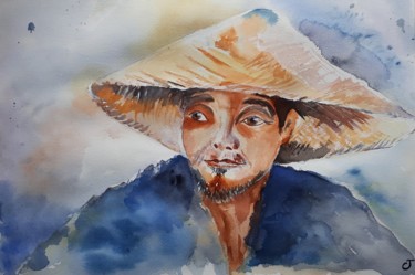 Malerei mit dem Titel "L'indonésien au cha…" von Chris Texier, Original-Kunstwerk, Aquarell