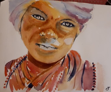 Pintura intitulada "Jeune indien au tur…" por Chris Texier, Obras de arte originais, Aquarela