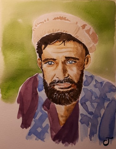 Painting titled "L'Afghan aux yeux b…" by Chris Texier, Original Artwork, Watercolor