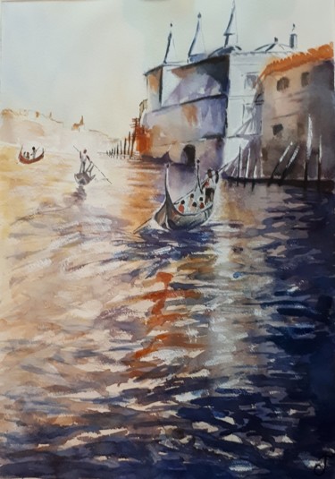 Картина под названием "Promenade sur la la…" - Chris Texier, Подлинное произведение искусства, Акварель Установлен на Стекло