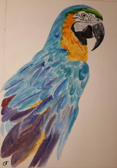 Malerei mit dem Titel "Le ara bleu" von Chris Texier, Original-Kunstwerk, Aquarell