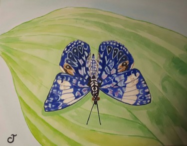 Peinture intitulée "Papillon bleu sur f…" par Chris Texier, Œuvre d'art originale, Aquarelle