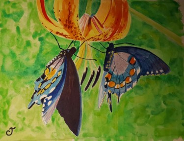 Peinture intitulée "papillons butinant…" par Chris Texier, Œuvre d'art originale, Aquarelle Monté sur artwork_cat.