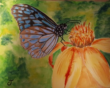 Painting titled "Papillon bleu butin…" by Chris Texier, Original Artwork, Watercolor