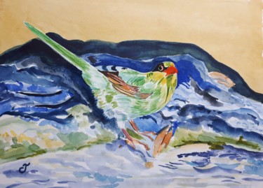 Peinture intitulée "Oiseau exotique buv…" par Chris Texier, Œuvre d'art originale, Aquarelle