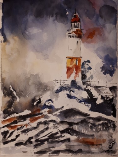 Painting titled "Le phare dans la to…" by Chris Texier, Original Artwork, Watercolor