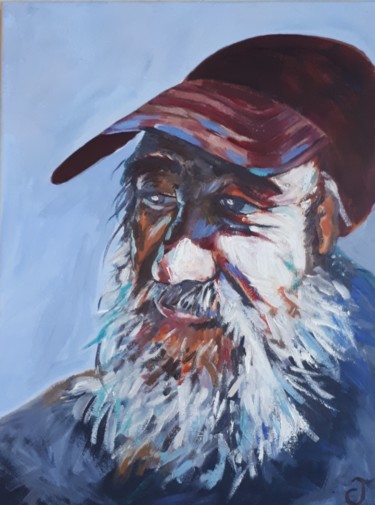 Peinture intitulée "Le barbu à la casqu…" par Chris Texier, Œuvre d'art originale, Huile