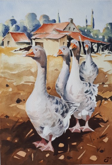 Painting titled "Les oies" by Chris Texier, Original Artwork, Watercolor