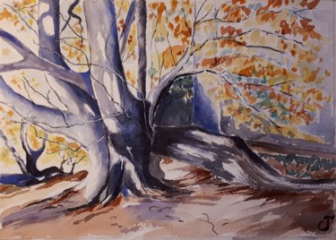 Peinture intitulée "L'automne du vieux…" par Chris Texier, Œuvre d'art originale, Aquarelle