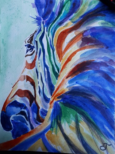 Peinture intitulée "un drôle de zèbre !" par Chris Texier, Œuvre d'art originale, Aquarelle