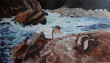 Malerei mit dem Titel "Jeune pêcheur en ri…" von Chris Texier, Original-Kunstwerk, Öl
