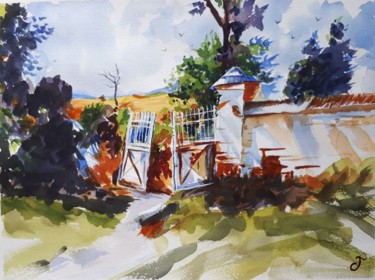 Painting titled "la vieille grille d…" by Chris Texier, Original Artwork, Watercolor