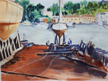 Painting titled "chantier naval en M…" by Chris Texier, Original Artwork, Watercolor