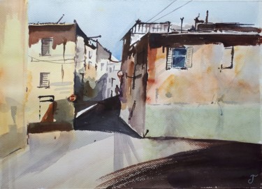Painting titled "rue italienne à l'h…" by Chris Texier, Original Artwork, Watercolor