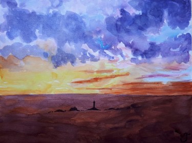 Painting titled "crépuscule nuageux" by Chris Texier, Original Artwork, Watercolor