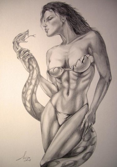 Dessin intitulée "Le baiser du serpent" par Vannucci Chris - Artiste Dessinateur, Œuvre d'art originale, Autre