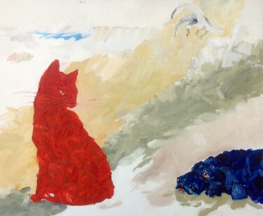 Painting titled "Cat, Dog and Seagull" by Christopher Walker, Original Artwork, Oil Mounted on Wood Stretcher frame
