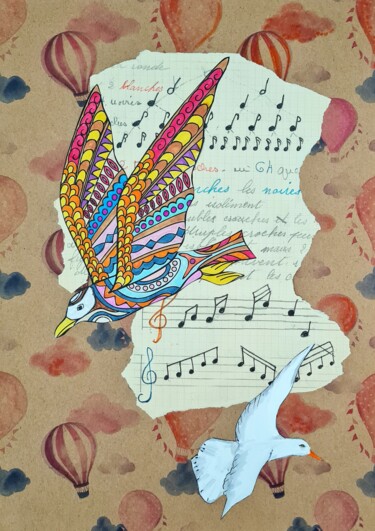 Kolaże zatytułowany „Seagulls” autorstwa Christine Germant, Oryginalna praca, Marker Zamontowany na Karton